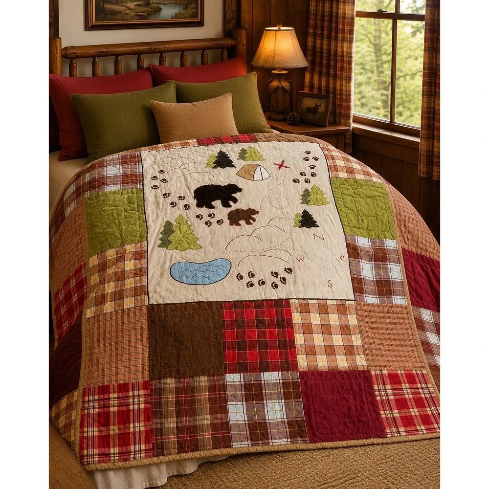 Vintage Woolrich Kids Cabin Quilt | Bear Patchwork | Rustic Lodge Twin Bedding